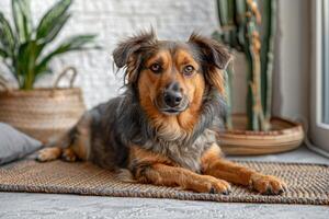 Cute relaxed dog lying on cool mat in hot day , white wall background, summer heat. photo