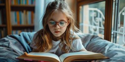 Cute girl reading a book and smiling while sitting on a sofa in the room. photo