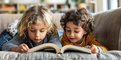 Cute children reading a book and smiling while sitting on a sofa in the room. photo