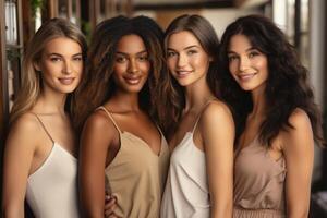 Group of multiracial females having fun against a brown background. photo