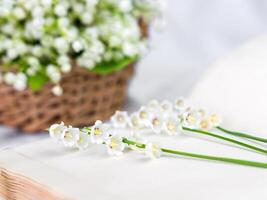 Lilies of the valley on an open empty notepad. Spring composition. Selective focus. photo