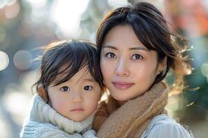 asiático mujer y su niño pequeño. foto
