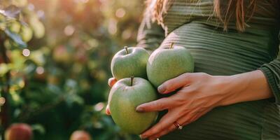 pregnant woman eating apples. photo