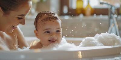 Mother bathing her cute little baby at home. photo