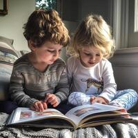 linda niños leyendo un libro y sonriente mientras sentado en un sofá en el habitación. foto