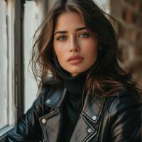 Girl motorcyclist in a black jacket and gloves. photo