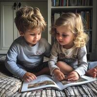 linda niños leyendo un libro y sonriente mientras sentado en un sofá en el habitación. foto