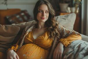 Young Pregnant woman holding belly. photo