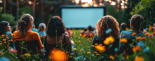 people watching outdoor cinema, big screen show. view from behind. photo