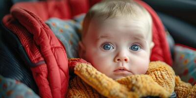 Little baby fastened with security belt in safety car seat. photo