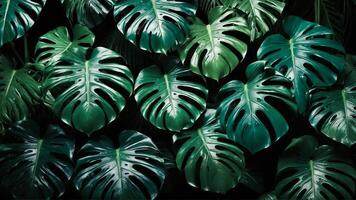 Aesthetic Monstera plant background. Close-up of beautiful green tropical foliage. AI-Generative photo