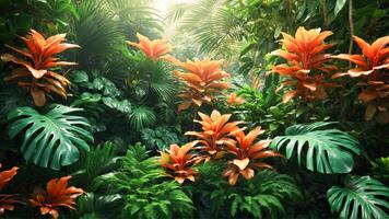 Exotic tropical leaves background with monstera plants and orange flowers. Aesthetic jungle or garden and a close-up of beautiful green tropical foliage. AI-Generative photo