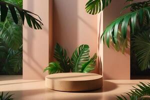 Aesthetic product podium with sunlight shadows and monstera leaves. Plain concrete cylinders in pastel colors with tropical leaves are suitable for cosmetic product advertising displays. AI-Generative photo