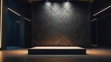 Elegant product podium in a dark room with an abstract backdrop. A luxurious and futuristic empty black stage suitable for a product stand or podium pedestal. Interior design. AI-Generative photo