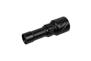 Modern metal LED flashlight in black color. Portable flashlight isolate on a white back photo