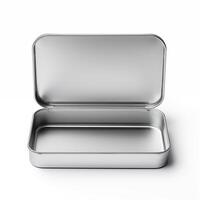 Rectangular tin box with an open lid. Metal box for various purposes. Isolate on a white back photo