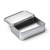 Rectangular tin box with an open lid. Metal box for various purposes. Isolate on a white back photo