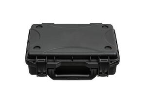 Black plastic container with foam inside for safe storage and transportation of fragile and expensive items. Sturdy plastic case. Isolate on a white back. photo