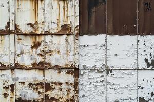 Vintage background of different old metal sheets fastened together with nails and rivets. Texture of rust and cracked paint on a metal surface. photo