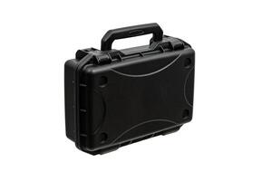 Black plastic container with foam inside for safe storage and transportation of fragile and expensive items. Sturdy plastic case. Isolate on a white back. photo