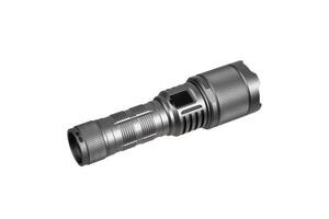 Modern metal LED flashlight in gray color. Portable flashlight isolate on a white back photo