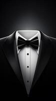 Photorealistic Mens Elegant Tuxedo Suit with Bow Tie. Illustration of Realistic Black Suit. Elegant back. photo