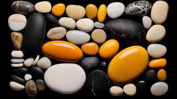 Multi-colored pebbles. Colored round pebbles lying tightly next to each other. Dark back photo