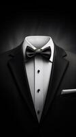 Photorealistic Mens Elegant Tuxedo Suit with Bow Tie. Illustration of Realistic Black Suit. Elegant back. photo