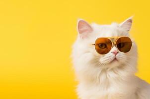 retrato de un blanco mullido gato vistiendo redondo Gafas de sol. lujoso Doméstico gatito en lentes poses en amarillo antecedentes pared. . ai. foto