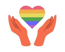 Supportive Hands Holding Rainbow Heart. Symbol of LGBTQ Pride and Love vector