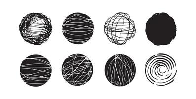 Ball of thread ball ball strokes circle texture set hand drawing style in black color on white background for drawing, logo, emblem, label. Circle of handmade grunge stripes vector