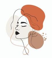 retrato en perfil con geométrico formas memphis estilo en un moderno minimalista estilo. un mujer cara en uno línea. ilustración en beige cama colores para impresión vector