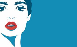 portrait banner, close-up face portrait of a woman in profile blue color. Place for text. illustration of a simple flat style. vector