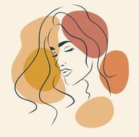 mujer retrato en perfil con geométrico formas memphis estilo en moderno minimalista estilo. un mujer cara en uno línea. ilustración en beige pastel colores para impresión vector