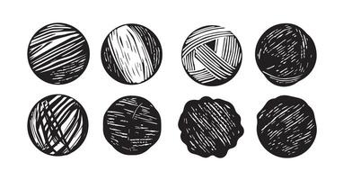 Ball of thread ball ball circle texture set hand drawing style in black color on white background for drawing, logo, emblem, label. Circle of handmade grunge stripes. vector