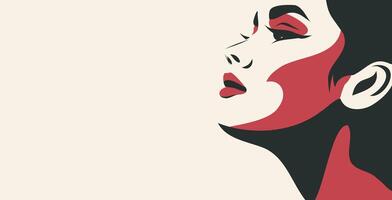 portrait banner, close-up face portrait of a woman in profile red black color. Place for text. illustration of a simple flat style. vector