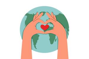 Ecology concept. Environment concept. Earth day concept. Human hands in the shape of hearts in front of the planet. vector