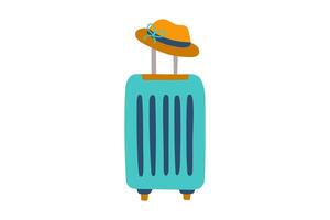 Concept of travel. Suitcase with hat isolated on white. vector