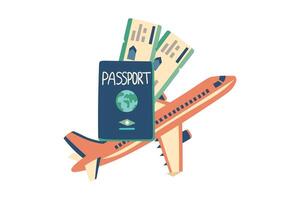 Summer vacation plane tickets, passport and airplane isolated on white. Travel concept. Illustration in flat style. vector