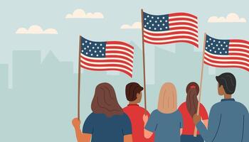 dememorial día y independencia día concepto. demostración concepto. personas con americano banderas convertido atrás. mano dibujado plano ilustración. vector