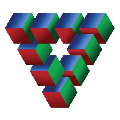 The abstract color squares arrange in a triangle pattern on a white background.