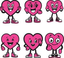 dibujos animados corazón caracteres ilustración colocar. linda amor símbolos con caras diferente poses manos y pies en zapatos. juguetón fresco contento corazones caracteres. amor concepto en rosado magenta color. vector