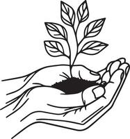 Illustration of young plant with ground in hands. Human hand holding plant with leaves. vector