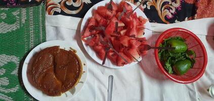 Village home made fruit cake and milk photo