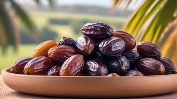 a bowl of dates with palm tree in the background generated ai photo