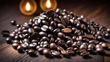 Rich coffee beans on dark wooden table with a candle photo