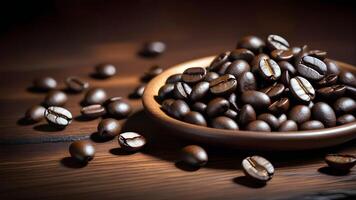 a bowl of roasted coffee beans on dark wooden table photo