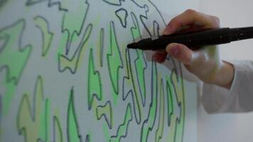 Designer transfers his drawing onto the fabric using a special projector. This will be the basis for a beautiful carpet with a design of a green planet. Close up. Slow motion. 4k. video