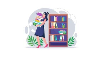 kvinna bärande böcker i en bokhylla video