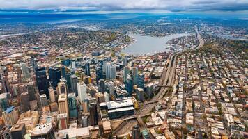 Downtown of Seattle, Washington, the USA. Contemporary urban scenery on the waterfront of Lake Washington. photo